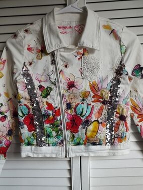 Desigual White Floral Jean Jacket with Multicolor Accents and Silver Sequins